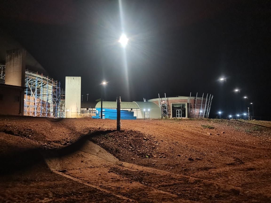 Night view of construction site with installed lights