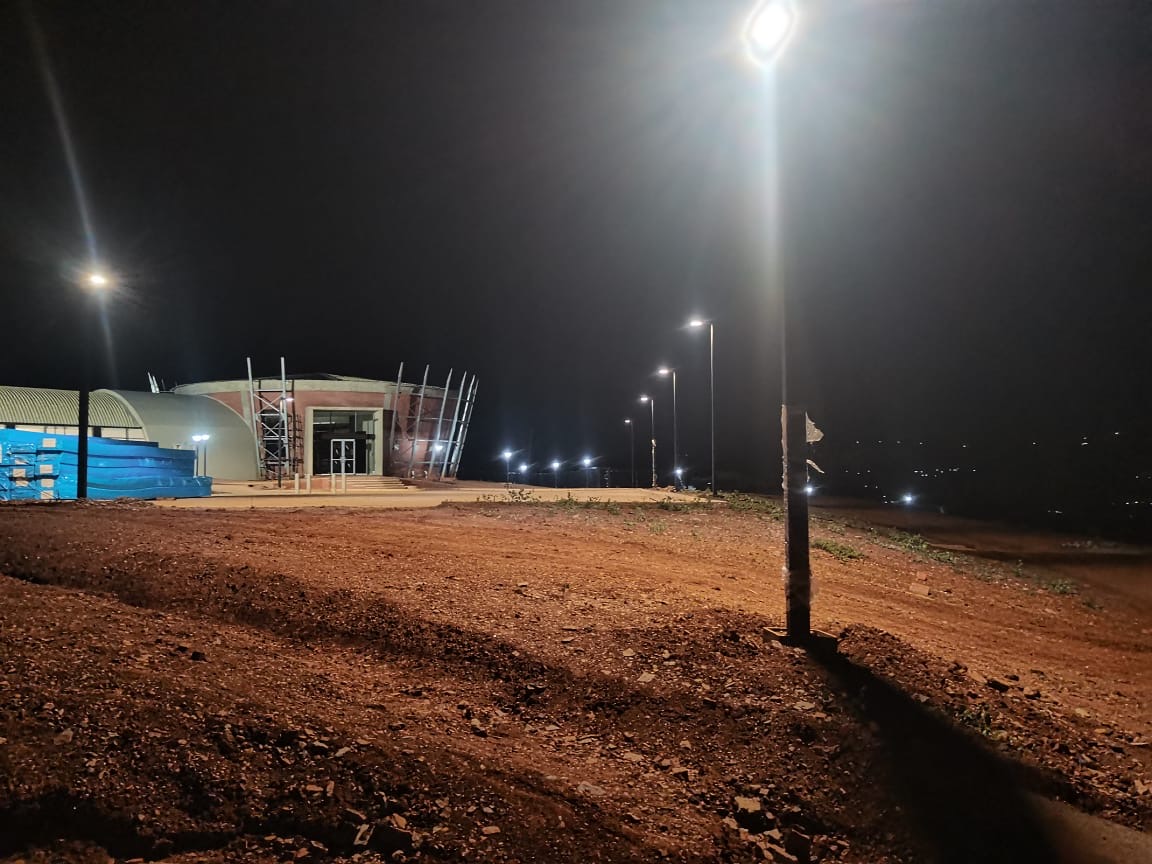 Exterior lighting at commercial facility at night